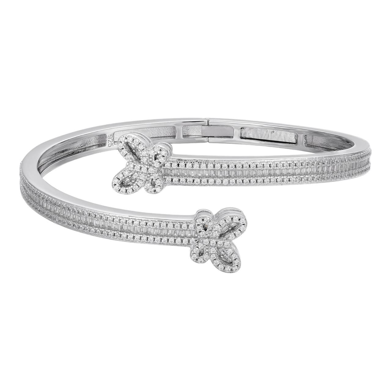 Real Solid 925 Silver Iced Baguette Butterfly Bangle Ladies Bracelet 5-7"  CZ
