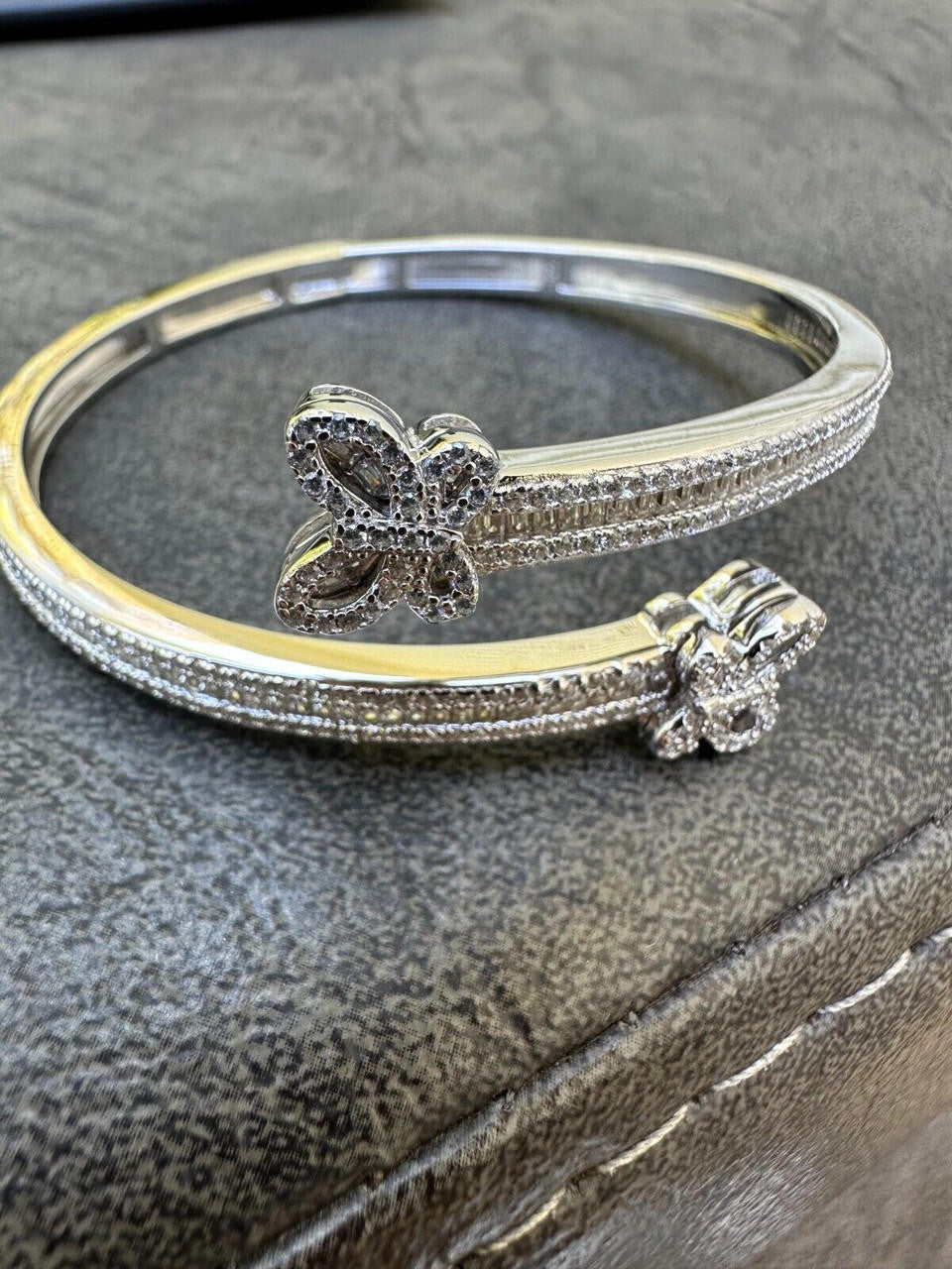 Real Solid 925 Silver Iced Baguette Butterfly Bangle Ladies Bracelet 5-7"  CZ
