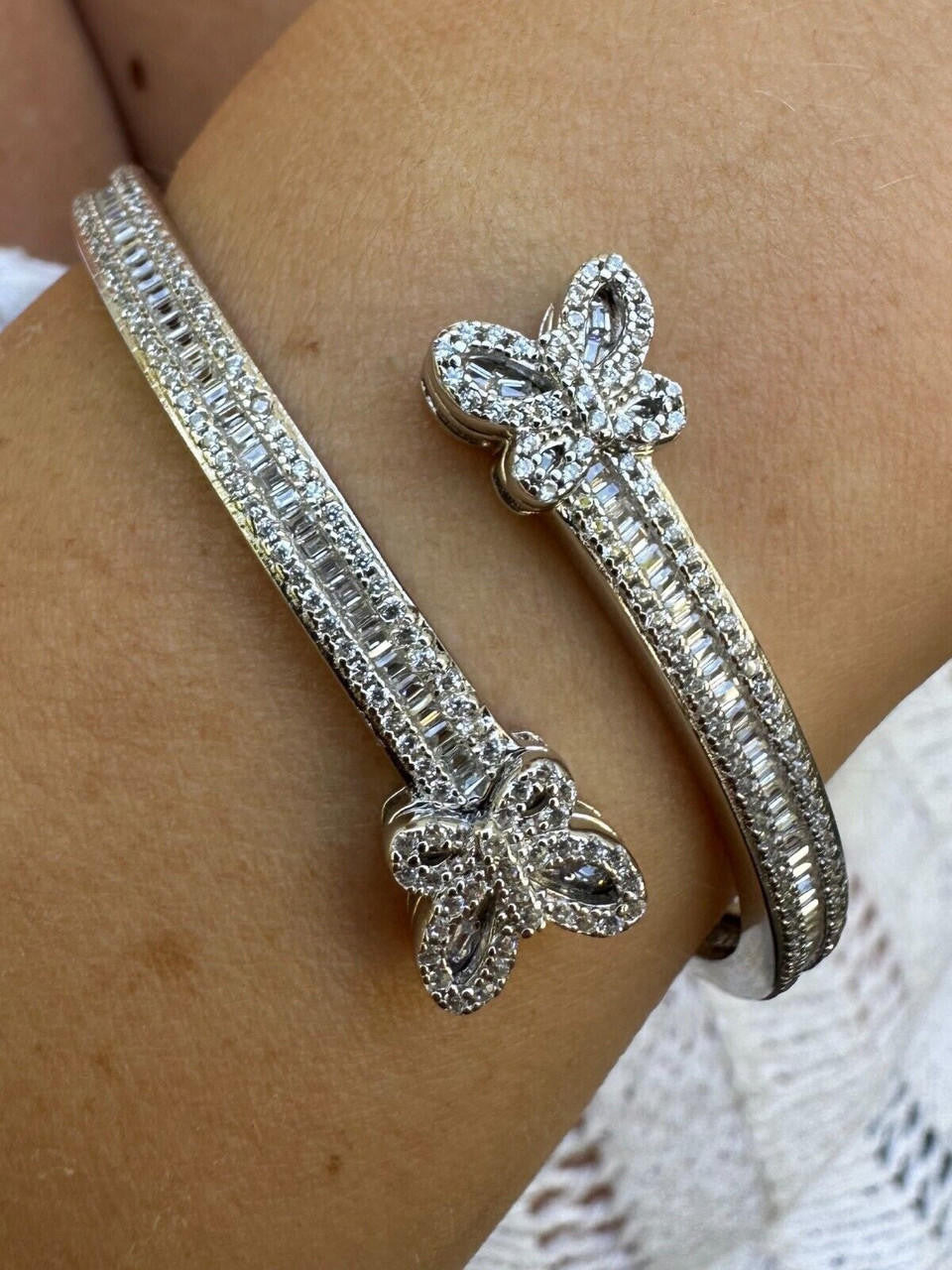 Real Solid 925 Silver Iced Baguette Butterfly Bangle Ladies Bracelet 5-7"  CZ