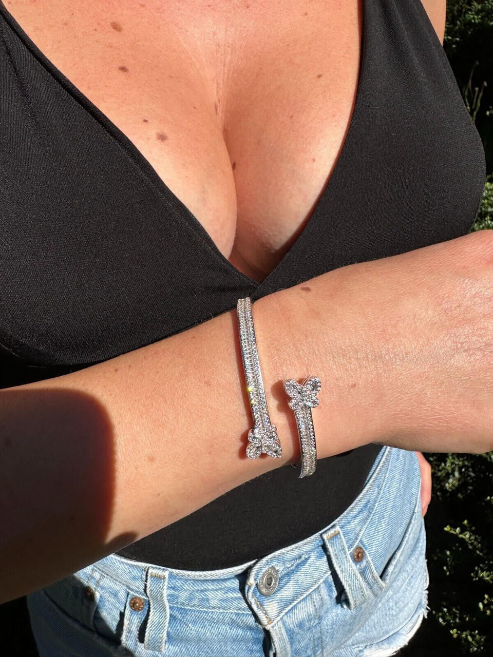 Real Solid 925 Silver Iced Baguette Butterfly Bangle Ladies Bracelet 5-7"  CZ