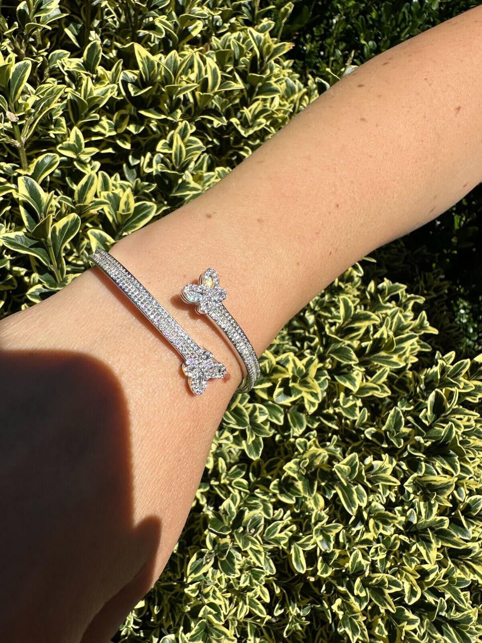 Real Solid 925 Silver Iced Baguette Butterfly Bangle Ladies Bracelet 5-7"  CZ