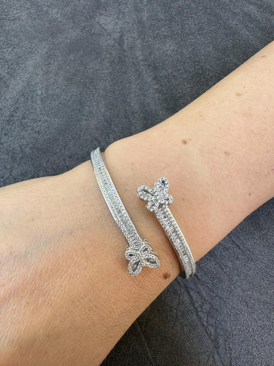 Real Solid 925 Silver Iced Baguette Butterfly Bangle Ladies Bracelet 5-7"  CZ
