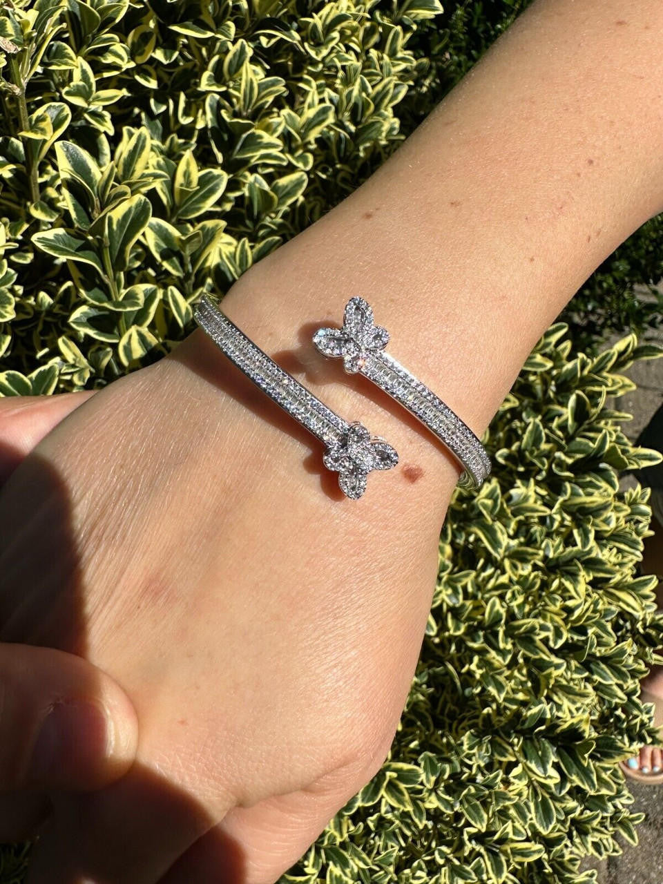 Real Solid 925 Silver Iced Baguette Butterfly Bangle Ladies Bracelet 5-7"  CZ