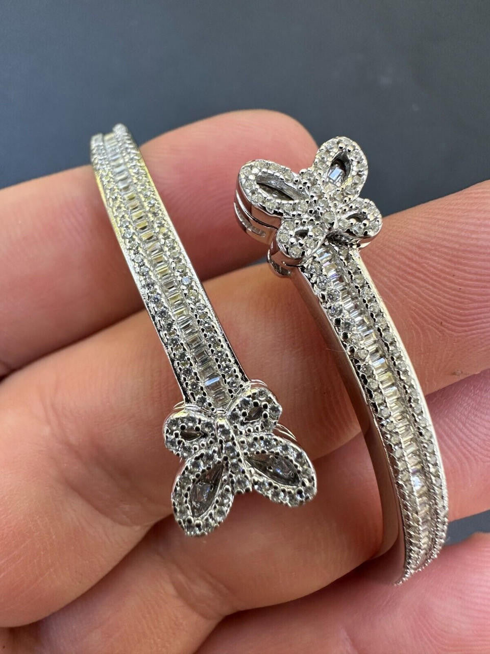 Real Solid 925 Silver Iced Baguette Butterfly Bangle Ladies Bracelet 5-7"  CZ