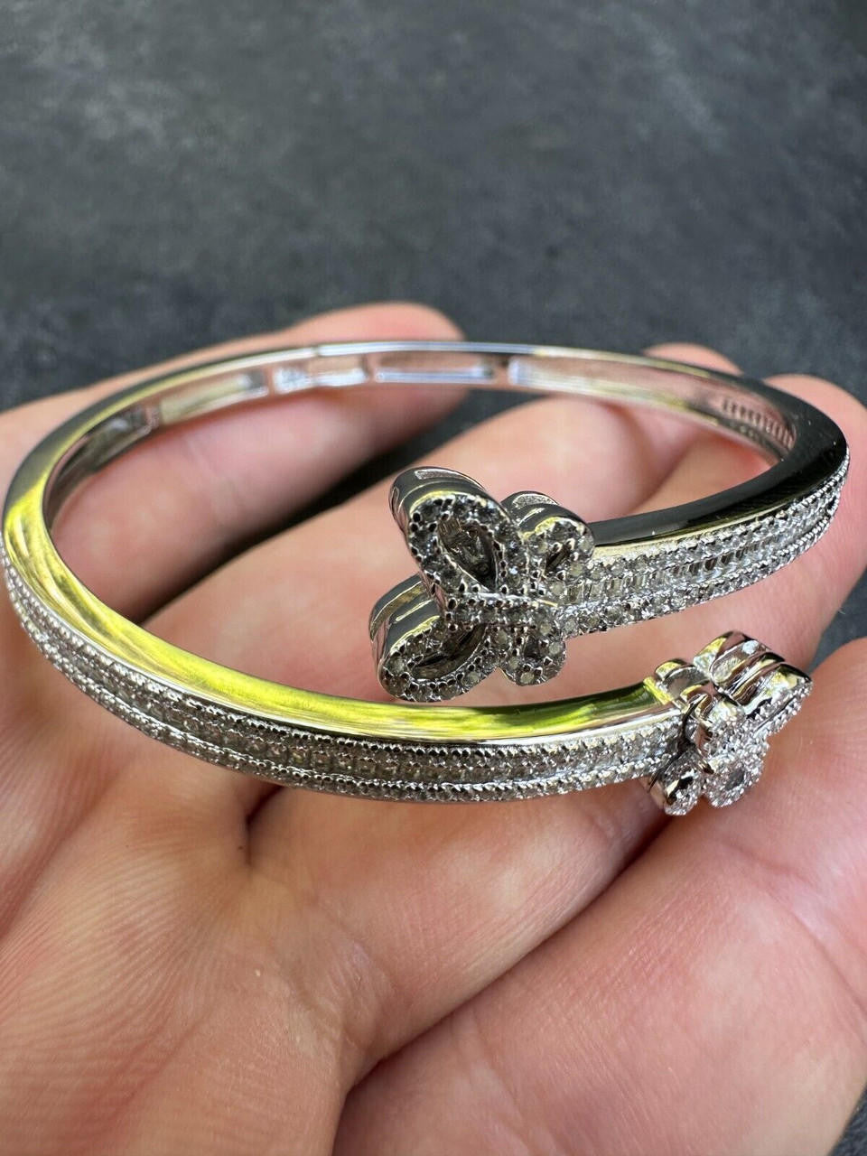 Real Solid 925 Silver Iced Baguette Butterfly Bangle Ladies Bracelet 5-7"  CZ