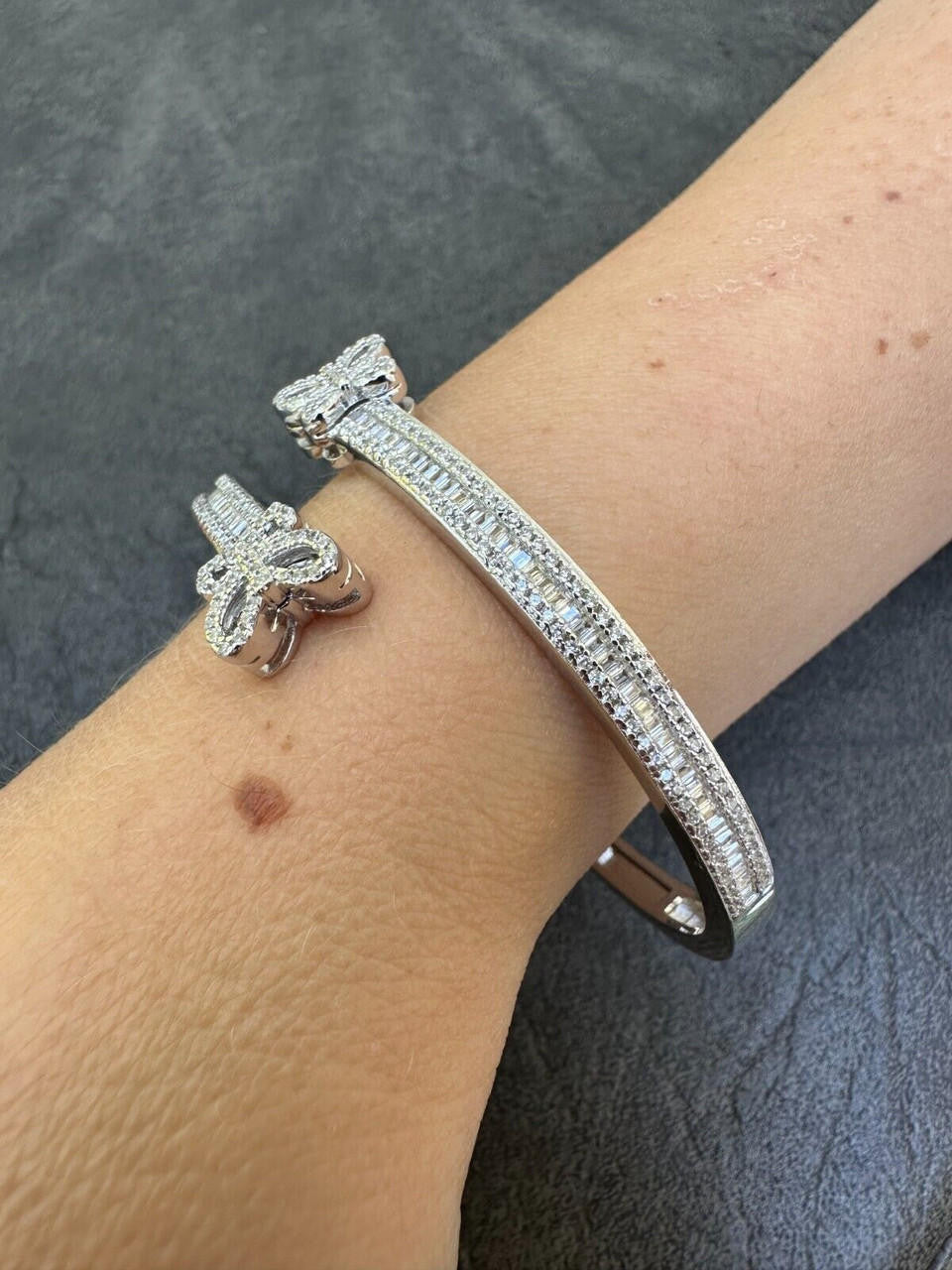 Real Solid 925 Silver Iced Baguette Butterfly Bangle Ladies Bracelet 5-7"  CZ
