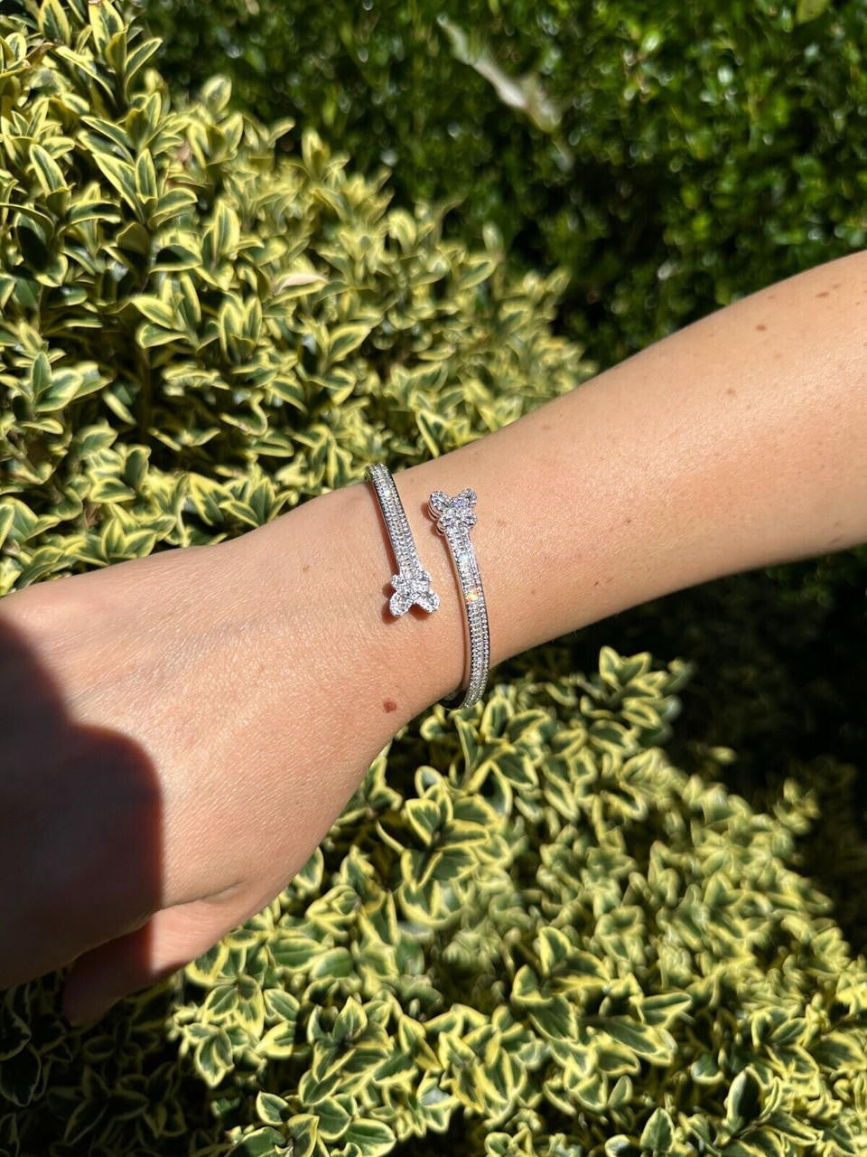 Real Solid 925 Silver Iced Baguette Butterfly Bangle Ladies Bracelet 5-7"  CZ