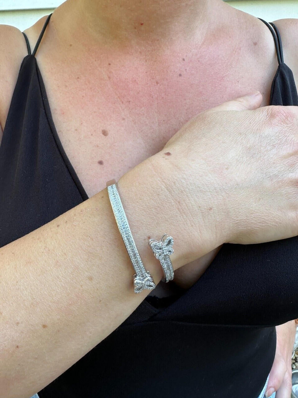 Real Solid 925 Silver Iced Baguette Butterfly Bangle Ladies Bracelet 5-7"  CZ