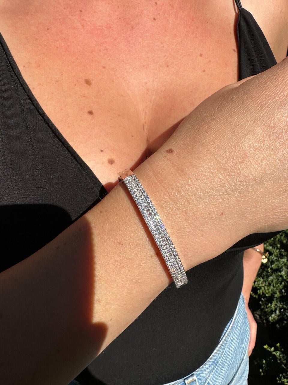 Real Solid 925 Silver Iced Baguette Cuff Bangle Ladies Bracelet Small 5-7"  CZ