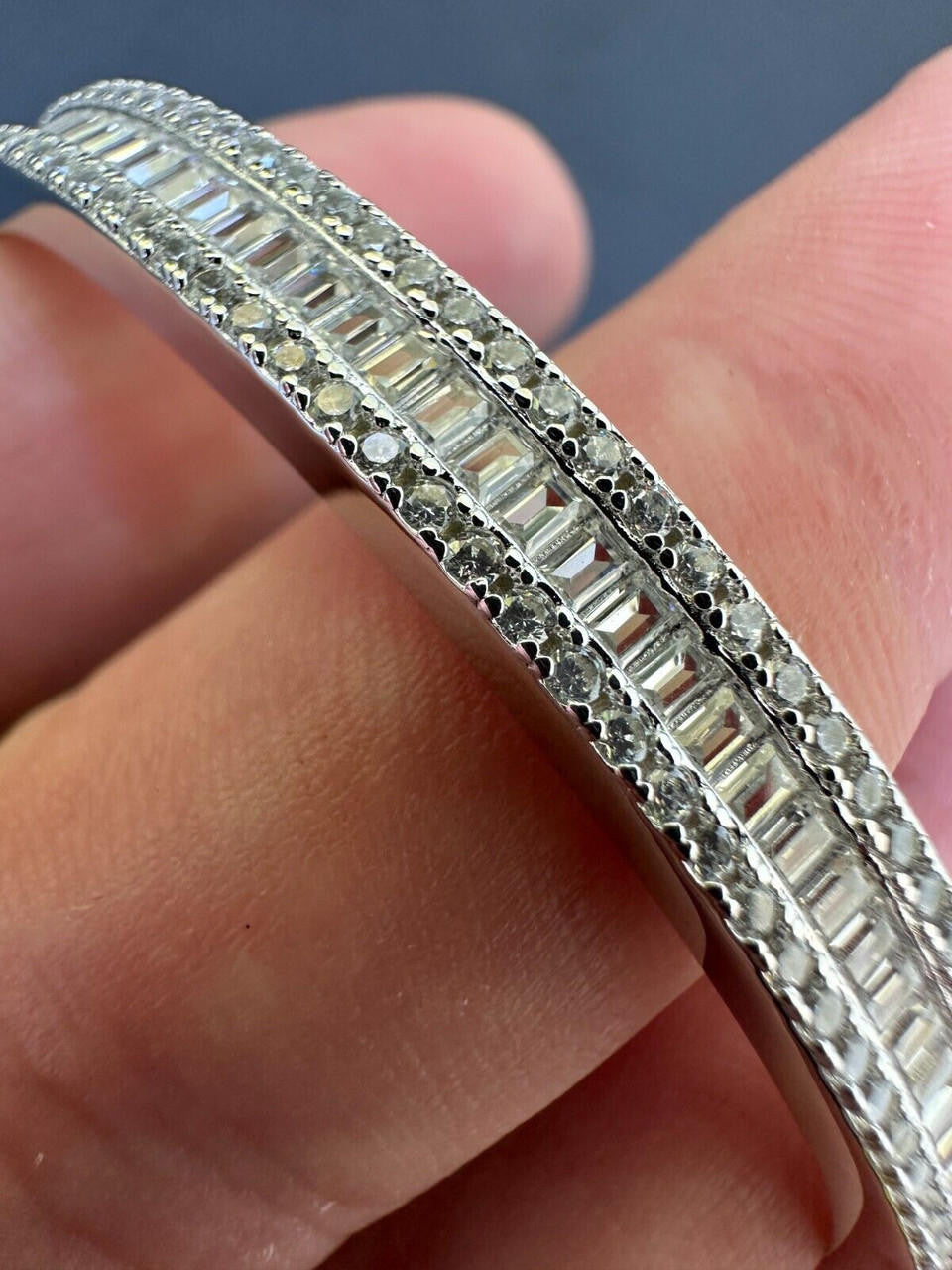 Real Solid 925 Silver Iced Baguette Cuff Bangle Ladies Bracelet Small 5-7"  CZ