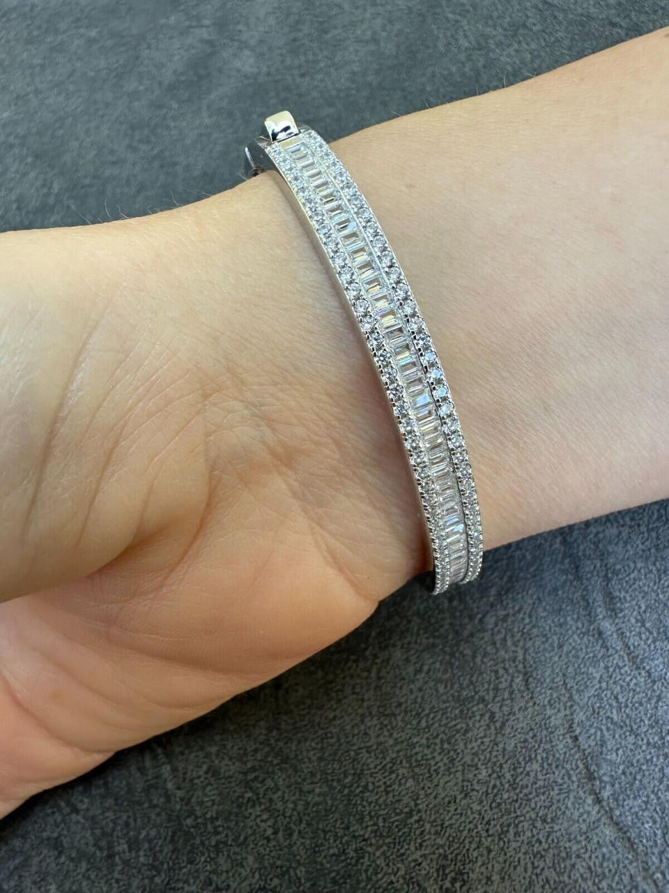 Real Solid 925 Silver Iced Baguette Cuff Bangle Ladies Bracelet Small 5-7"  CZ
