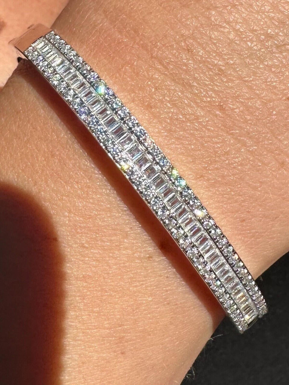 Real Solid 925 Silver Iced Baguette Cuff Bangle Ladies Bracelet Small 5-7"  CZ