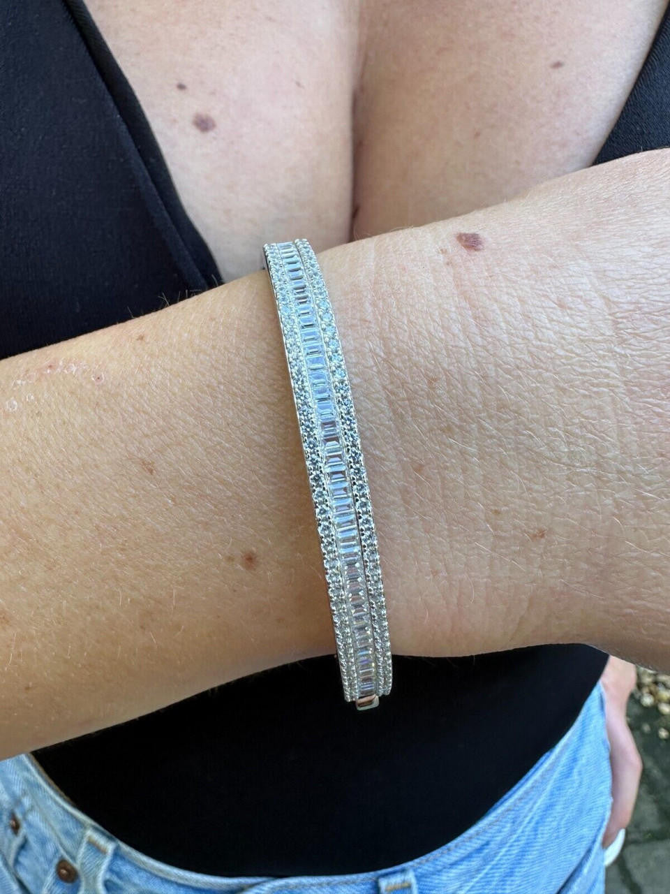 Real Solid 925 Silver Iced Baguette Cuff Bangle Ladies Bracelet Small 5-7"  CZ