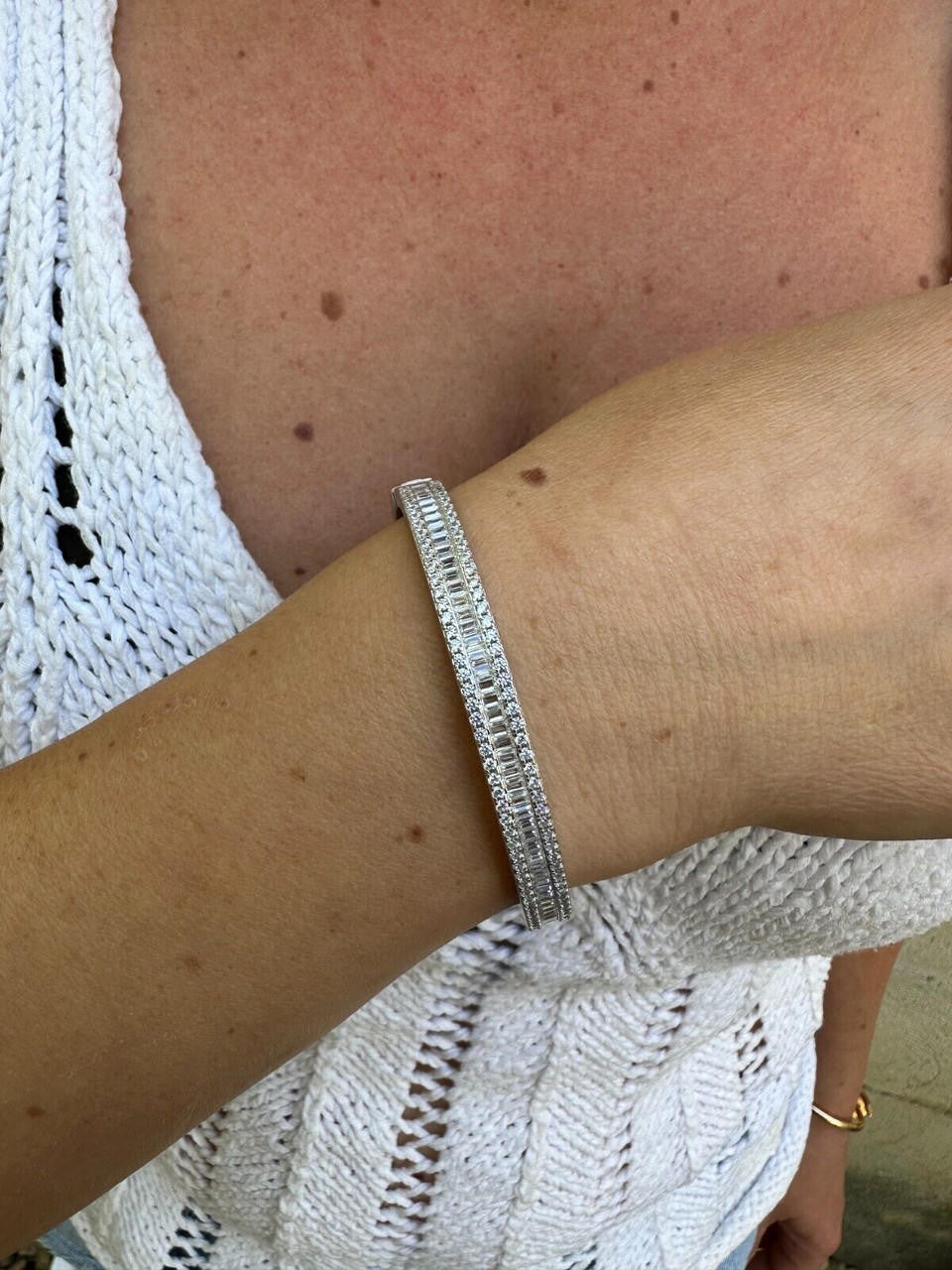 Real Solid 925 Silver Iced Baguette Cuff Bangle Ladies Bracelet Small 5-7"  CZ