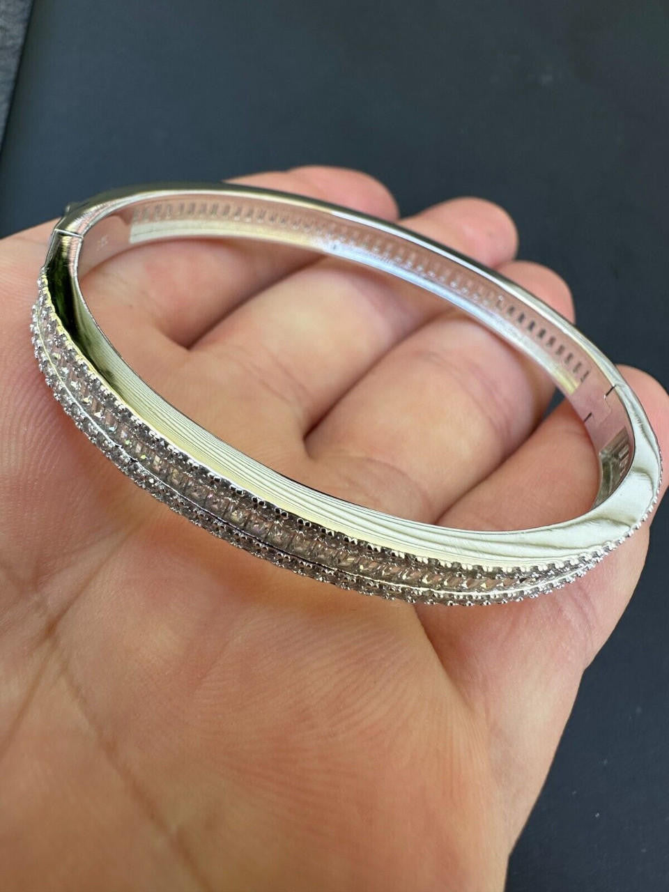 Real Solid 925 Silver Iced Baguette Cuff Bangle Ladies Bracelet Small 5-7"  CZ