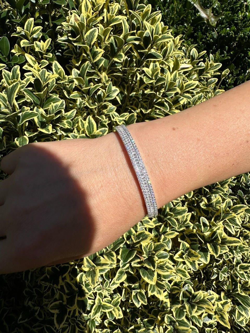 Real Solid 925 Silver Iced Baguette Cuff Bangle Ladies Bracelet Small 5-7"  CZ