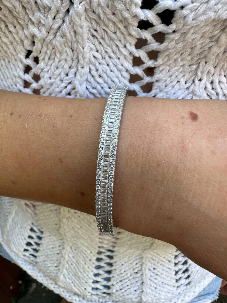 Real Solid 925 Silver Iced Baguette Cuff Bangle Ladies Bracelet Small 5-7"  CZ