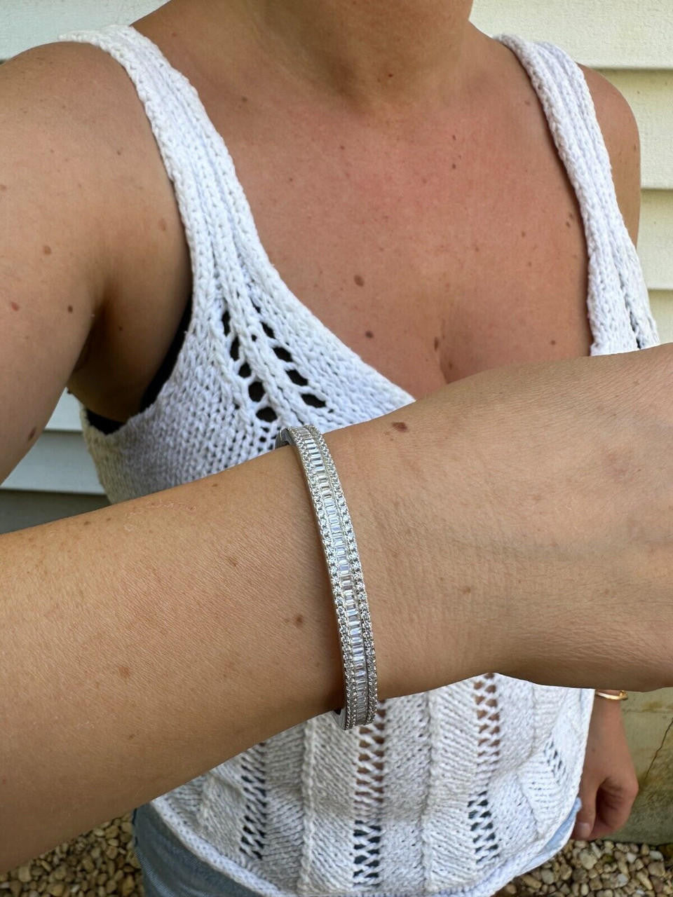Real Solid 925 Silver Iced Baguette Cuff Bangle Ladies Bracelet Small 5-7"  CZ