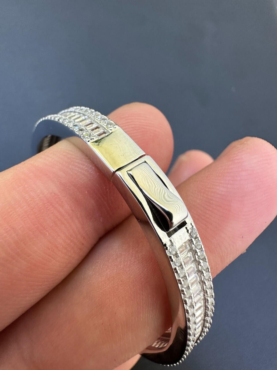 Real Solid 925 Silver Iced Baguette Cuff Bangle Ladies Bracelet Small 5-7"  CZ