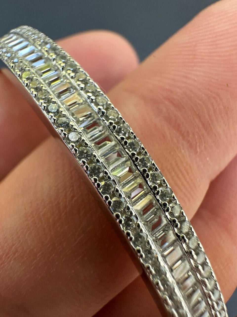 Real Solid 925 Silver Iced Baguette Cuff Bangle Ladies Bracelet Small 5-7"  CZ