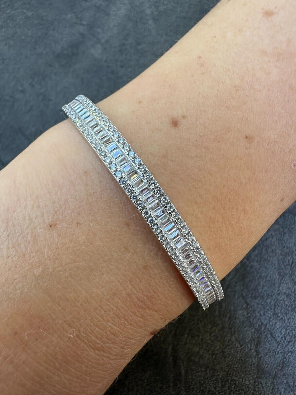 Real Solid 925 Silver Iced Baguette Cuff Bangle Ladies Bracelet Small 5-7"  CZ