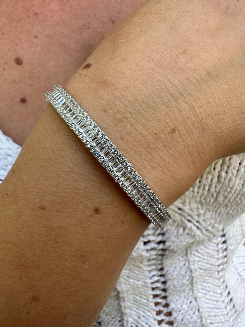 Real Solid 925 Silver Iced Baguette Cuff Bangle Ladies Bracelet Small 5-7"  CZ