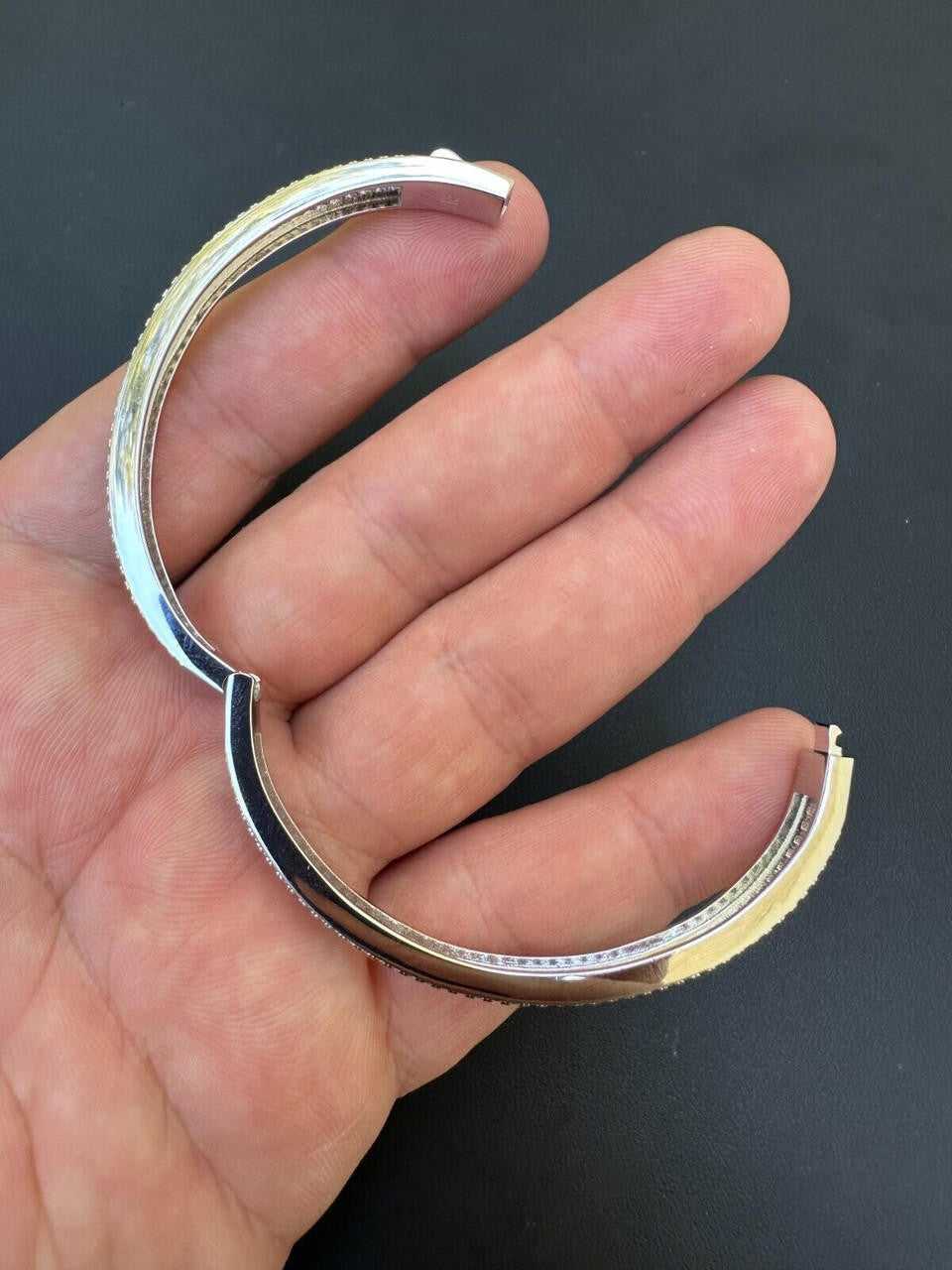 Real Solid 925 Silver Iced Baguette Cuff Bangle Ladies Bracelet Small 5-7"  CZ