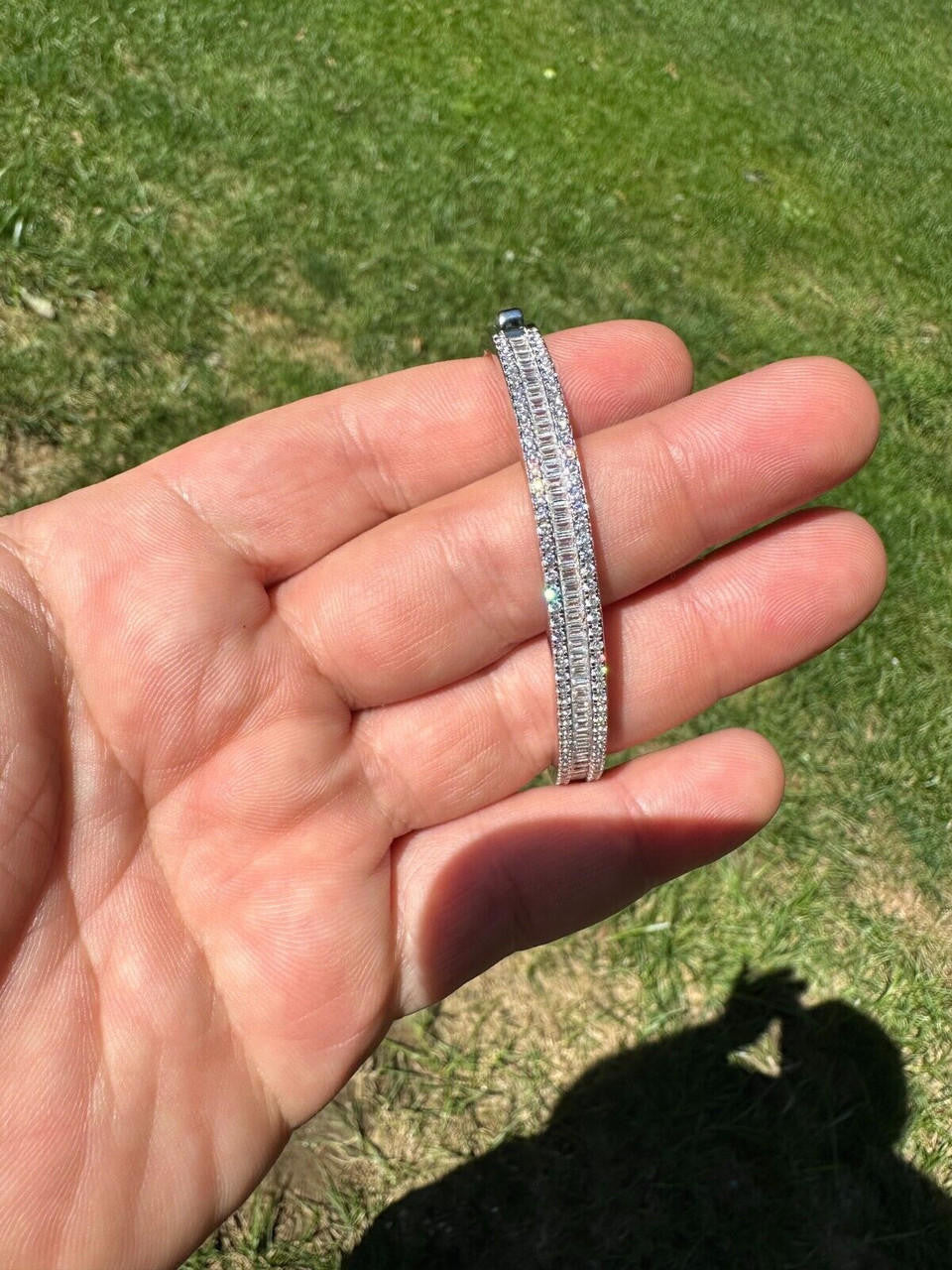 Real Solid 925 Silver Iced Baguette Cuff Bangle Ladies Bracelet Small 5-7"  CZ