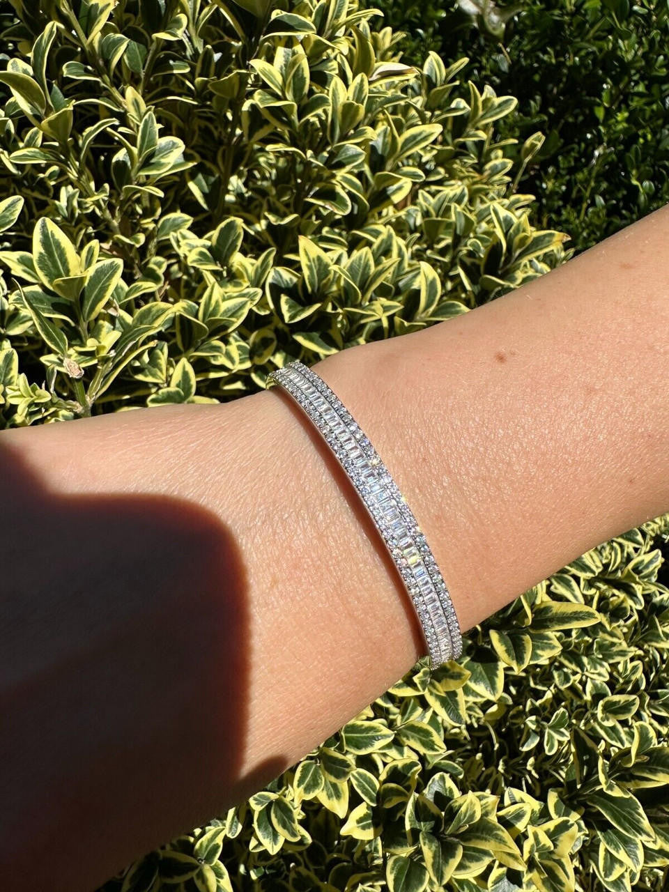 Real Solid 925 Silver Iced Baguette Cuff Bangle Ladies Bracelet Small 5-7"  CZ