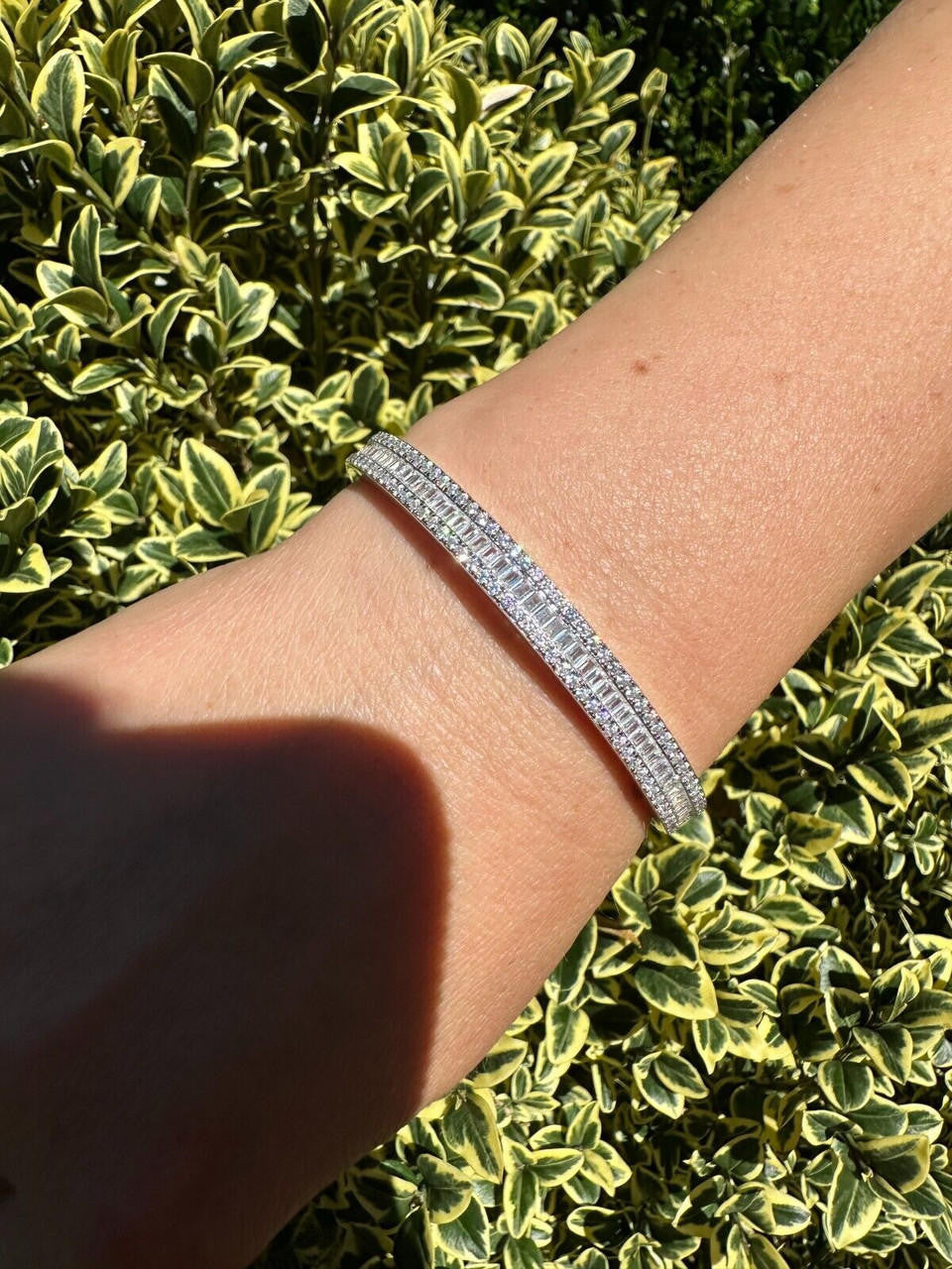 Real Solid 925 Silver Iced Baguette Cuff Bangle Ladies Bracelet Small 5-7"  CZ
