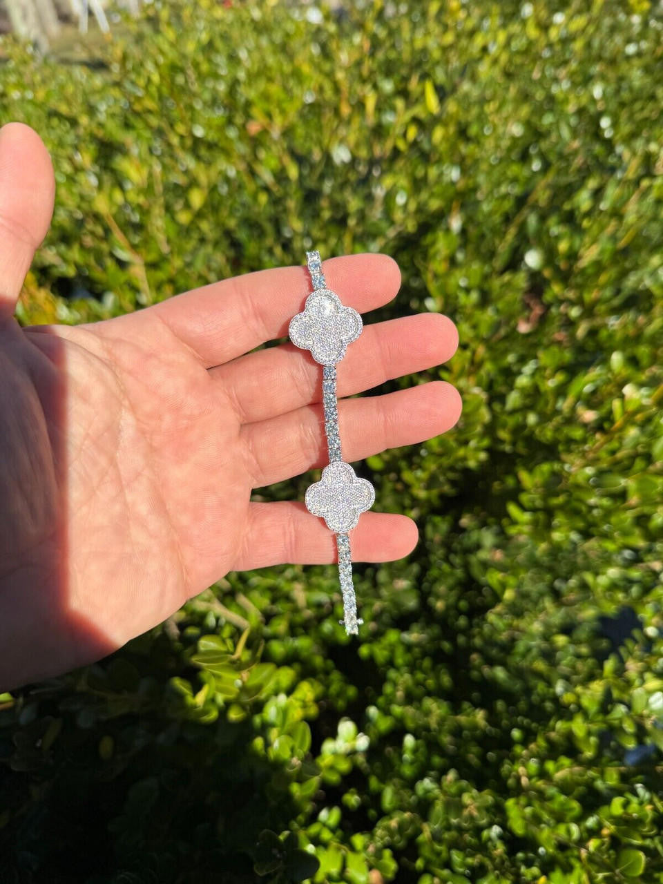 Large Clover Tennis Bracelet Iced Out CZ Stones - 925 Silver - 4mm - 6"-8.5"