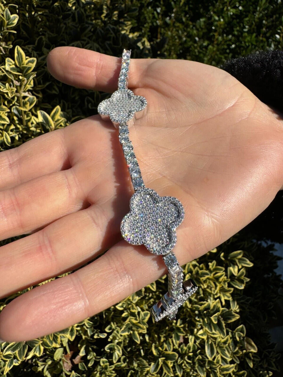 Large Clover Tennis Bracelet Iced Out CZ Stones - 925 Silver - 4mm - 6"-8.5"