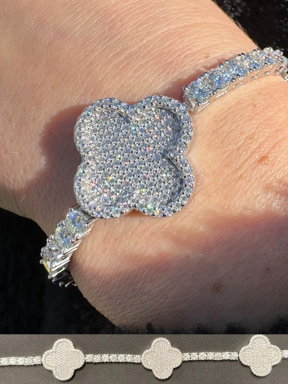 Large Clover Tennis Bracelet Iced Out CZ Stones - 925 Silver - 4mm - 6"-8.5"