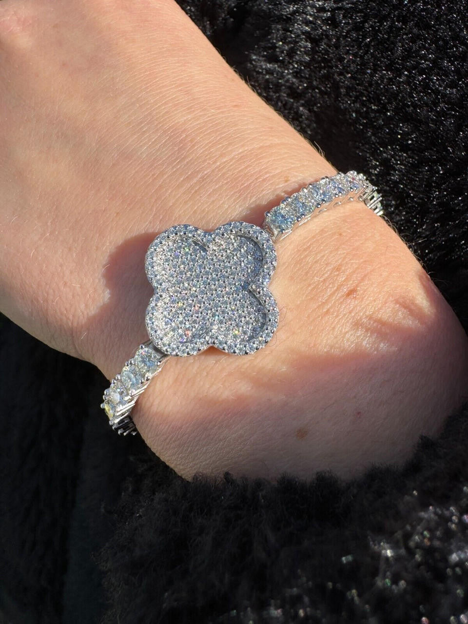 Large Clover Tennis Bracelet Iced Out CZ Stones - 925 Silver - 4mm - 6"-8.5"