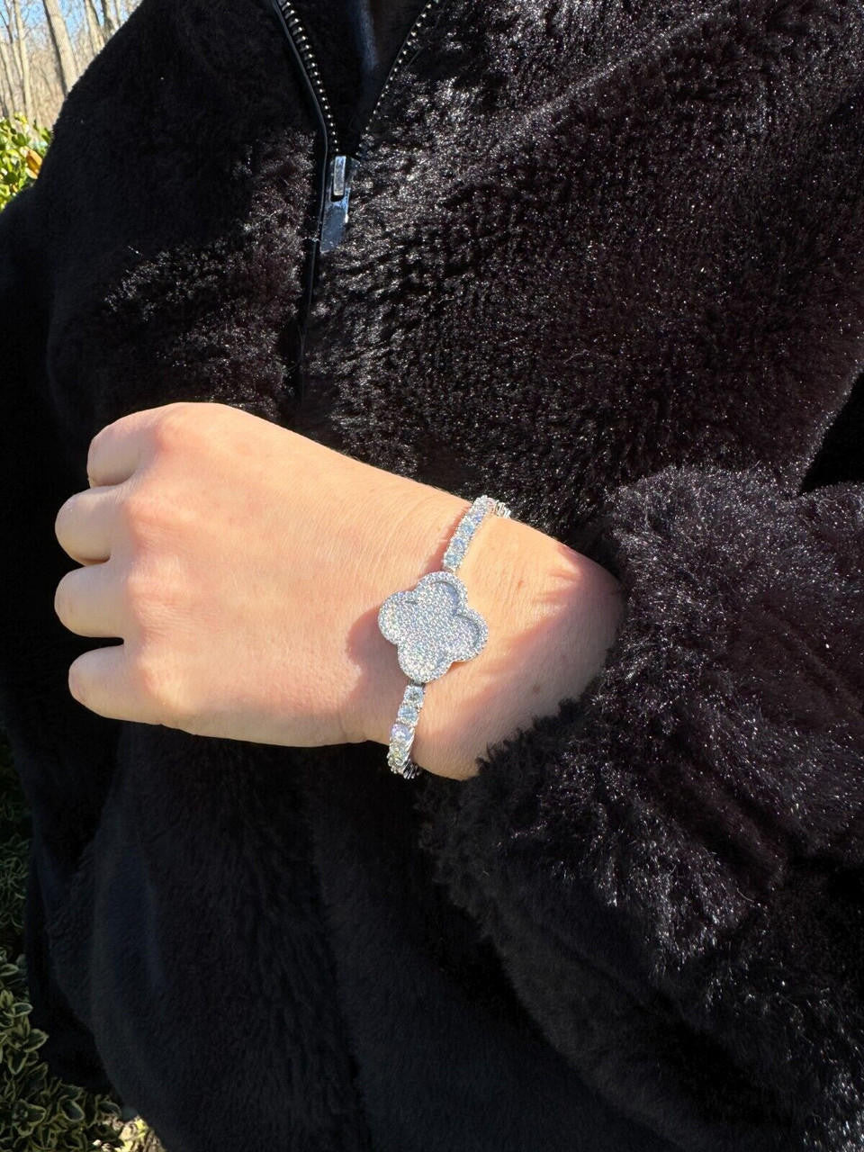 Large Clover Tennis Bracelet Iced Out CZ Stones - 925 Silver - 4mm - 6"-8.5"
