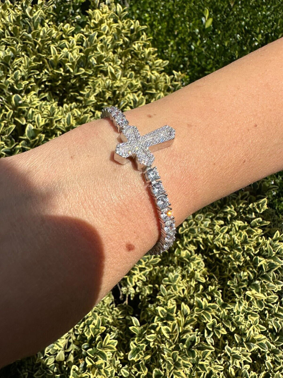 Cross Tennis Bracelet Iced Out CZ Stones - 925 Silver - 4mm - 6"-8.5"