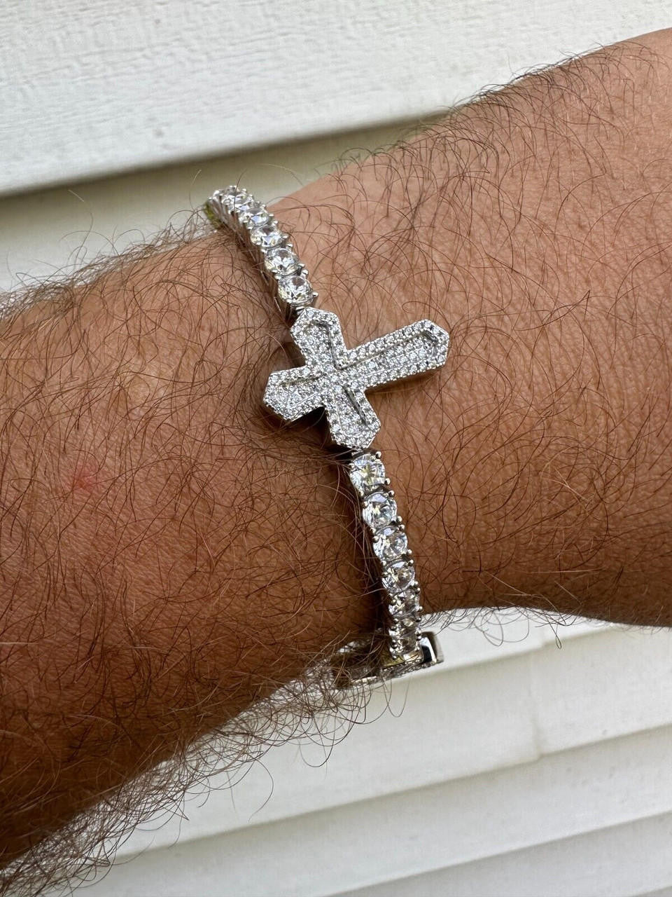 Cross Tennis Bracelet Iced Out CZ Stones - 925 Silver - 4mm - 6"-8.5"