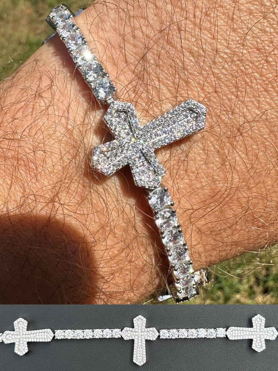 Cross Tennis Bracelet Iced Out CZ Stones - 925 Silver - 4mm - 6"-8.5"