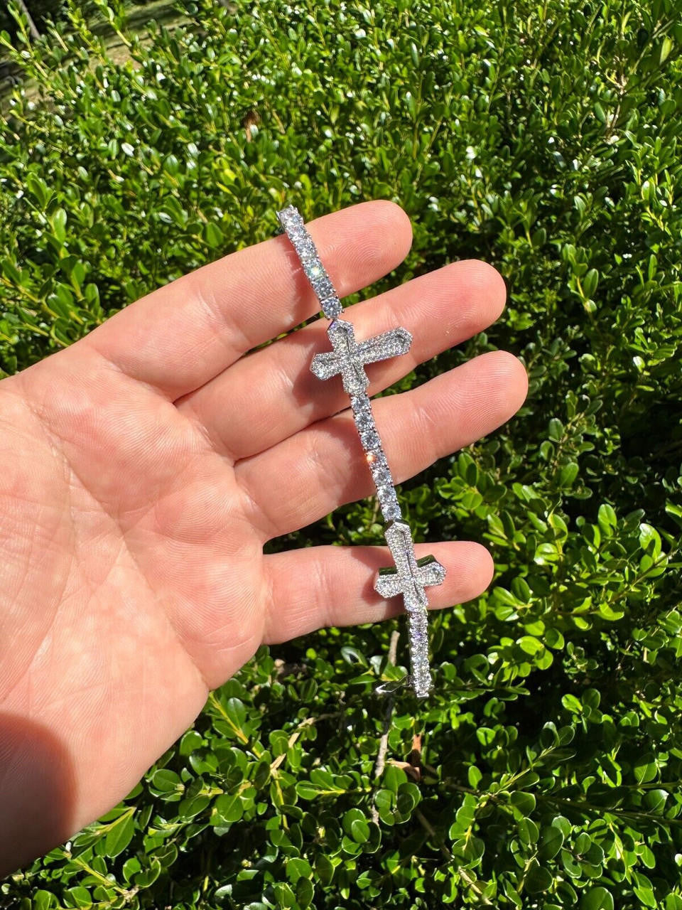 Cross Tennis Bracelet Iced Out CZ Stones - 925 Silver - 4mm - 6"-8.5"