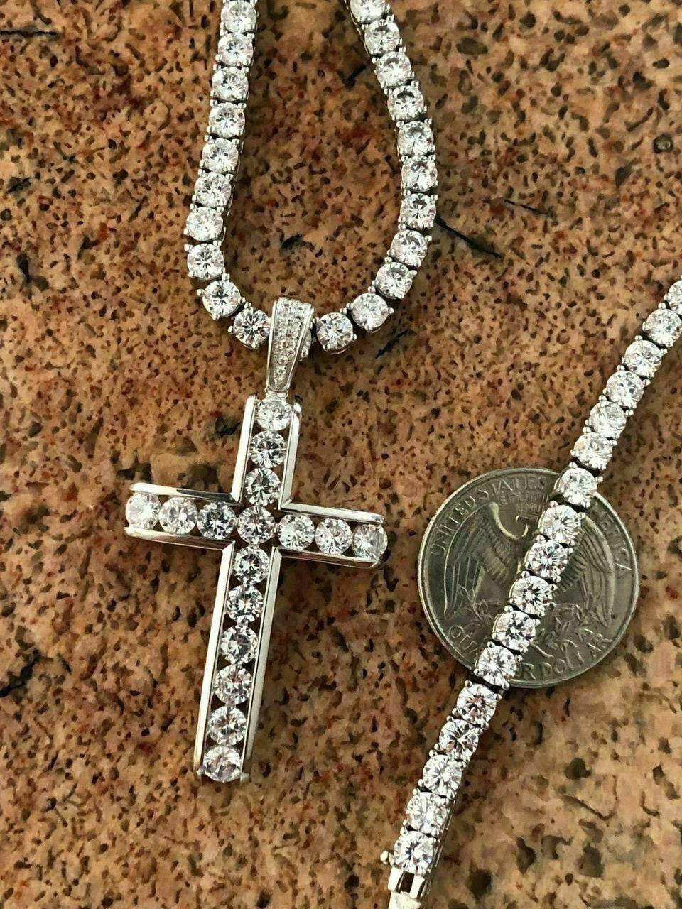Real Solid 925 Silver Icy Channel Set Tennis Cross CZ W. Chain Men's ICED
