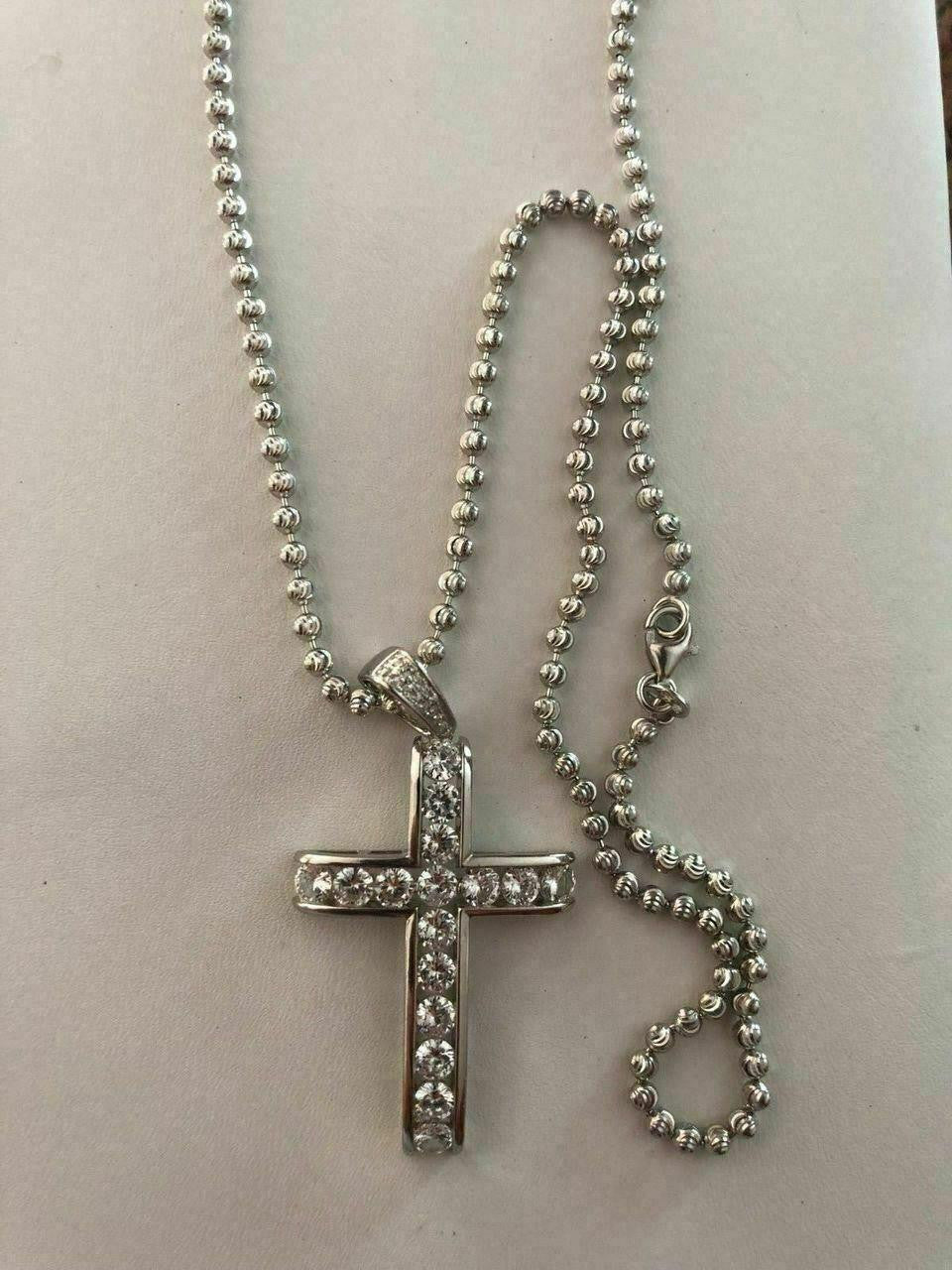 Real Solid 925 Silver Icy Channel Set Tennis Cross CZ W. Chain Men's ICED