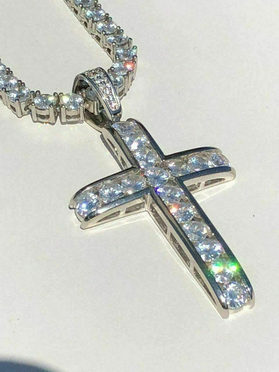 Real Solid 925 Silver Icy Channel Set Tennis Cross CZ W. Chain Men's ICED