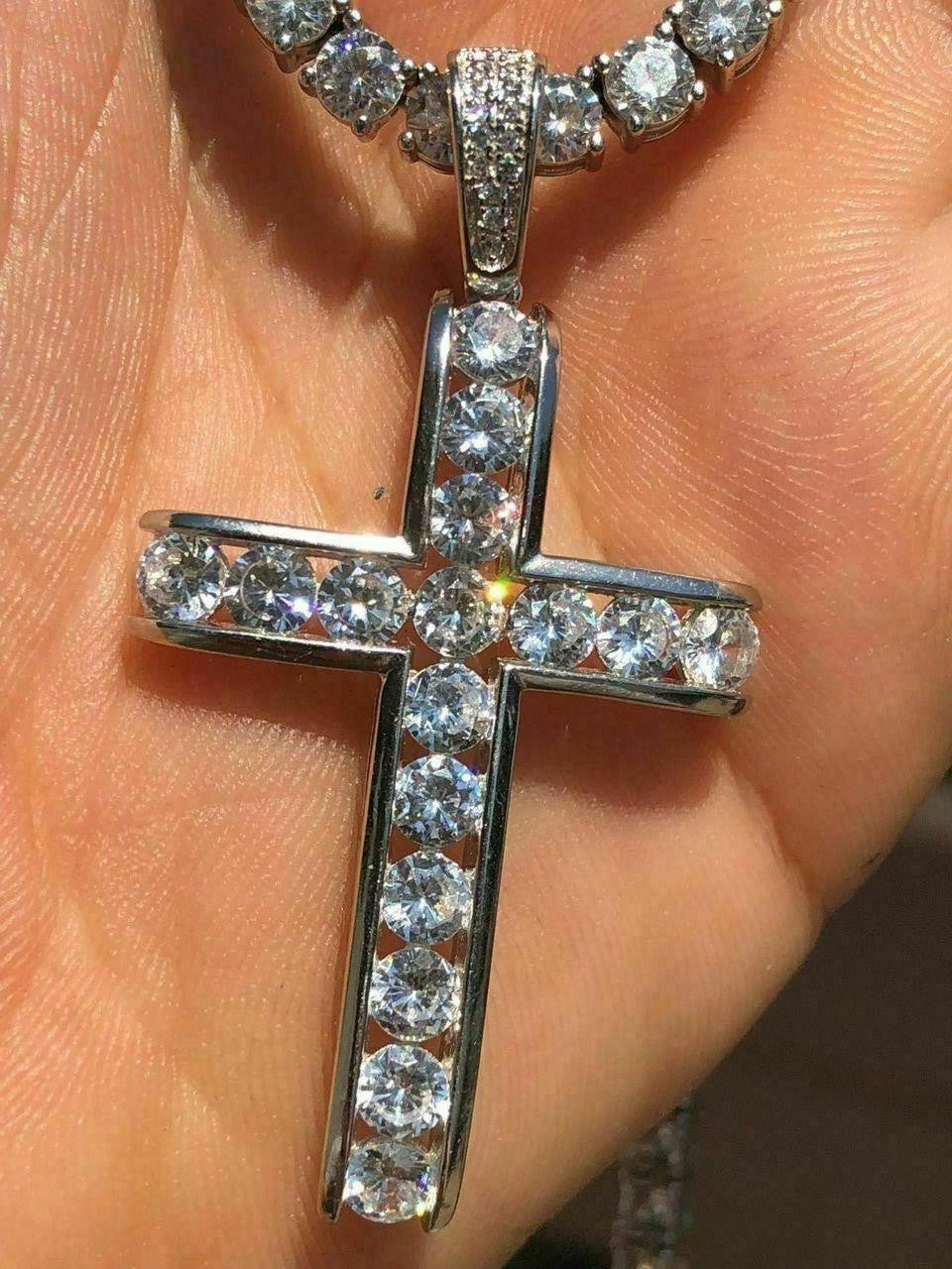 Real Solid 925 Silver Icy Channel Set Tennis Cross CZ W. Chain Men's ICED