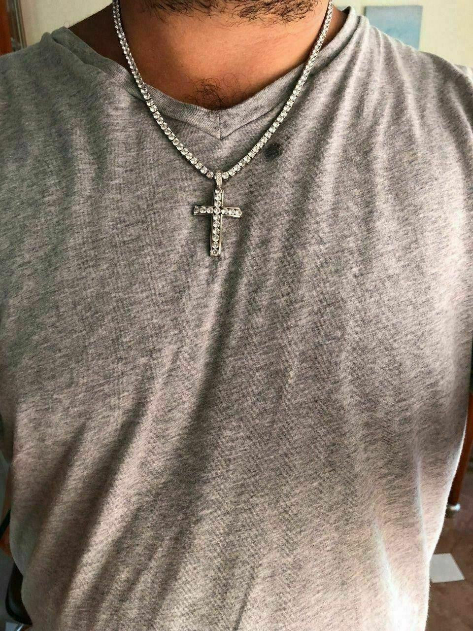 Real Solid 925 Silver Icy Channel Set Tennis Cross CZ W. Chain Men's ICED