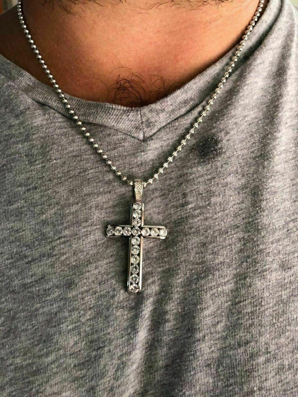 Real Solid 925 Silver Icy Channel Set Tennis Cross CZ W. Chain Men's ICED