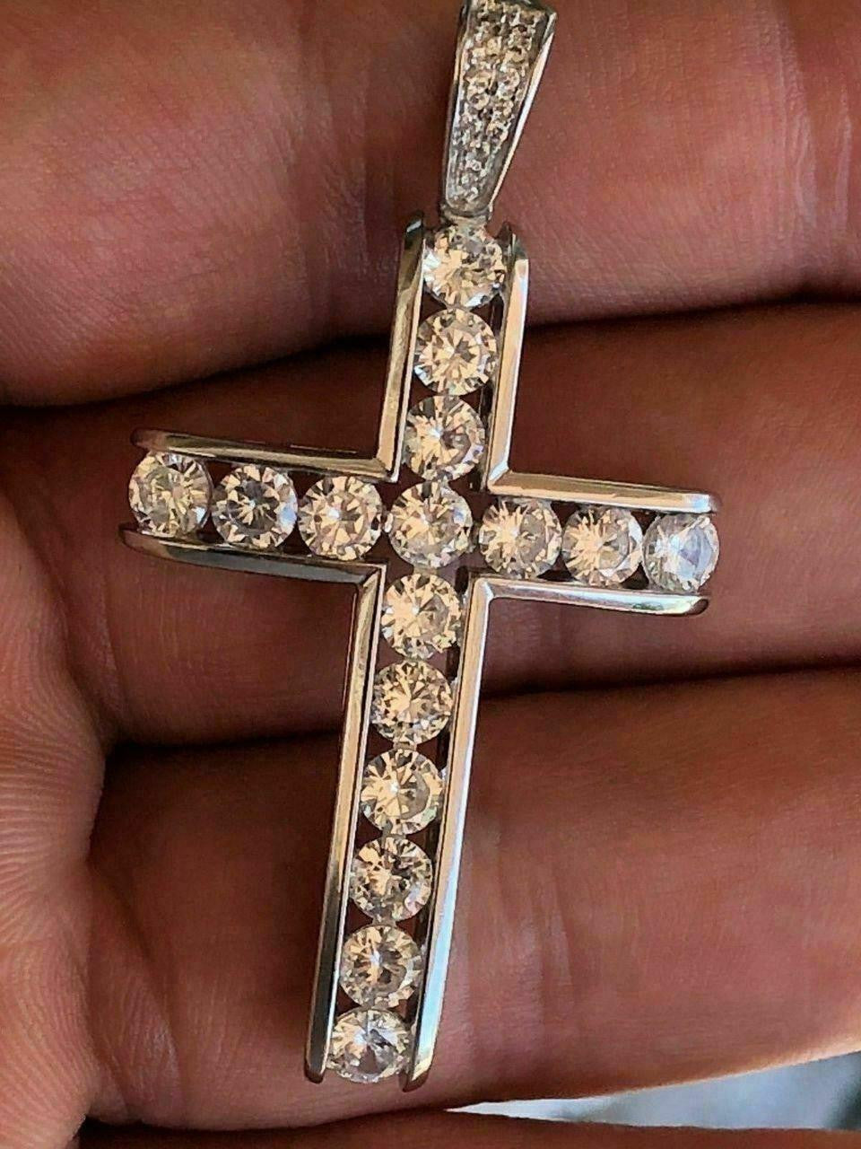 Real Solid 925 Silver Icy Channel Set Tennis Cross CZ W. Chain Men's ICED
