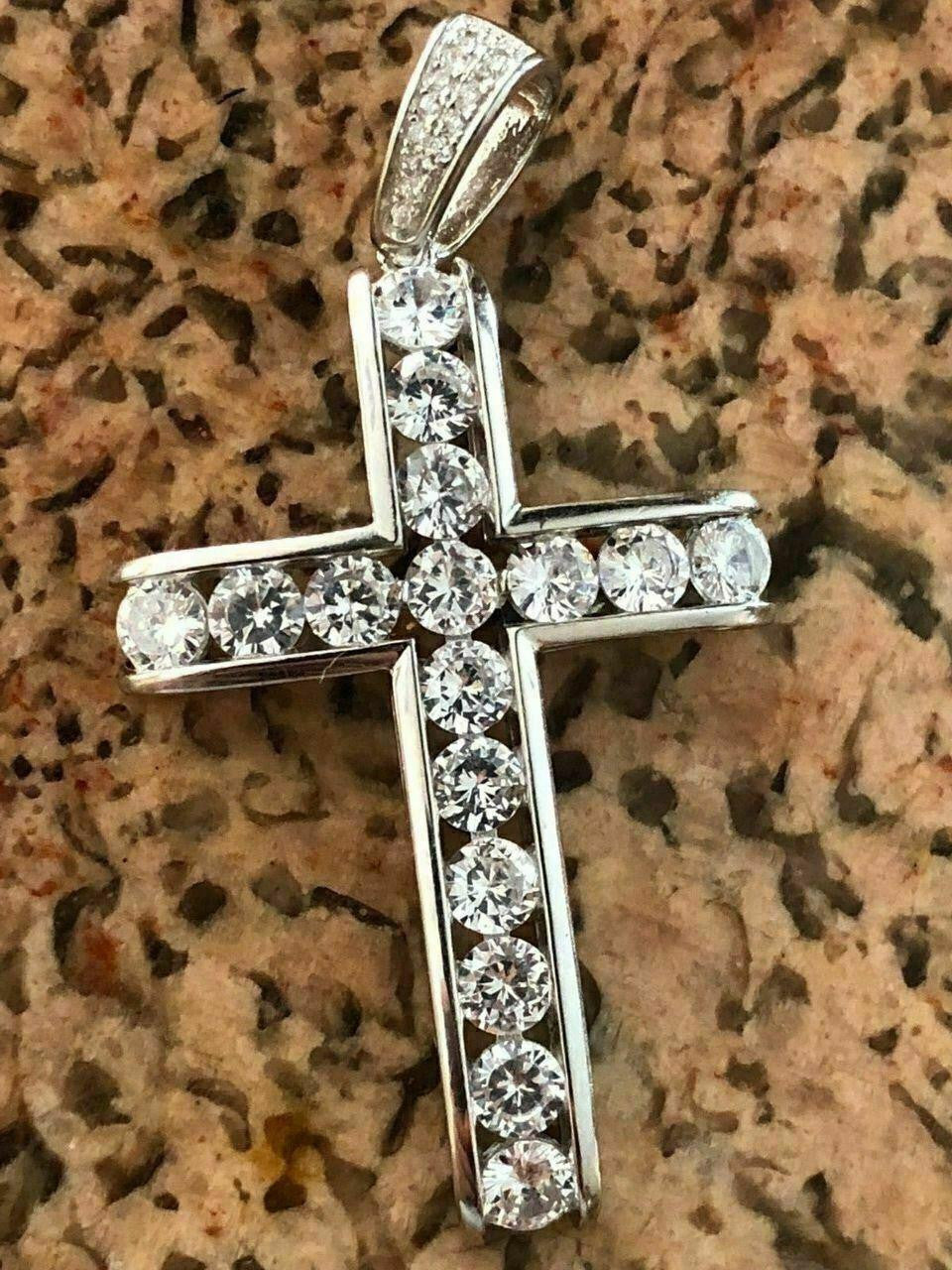 Real Solid 925 Silver Icy Channel Set Tennis Cross CZ W. Chain Men's ICED