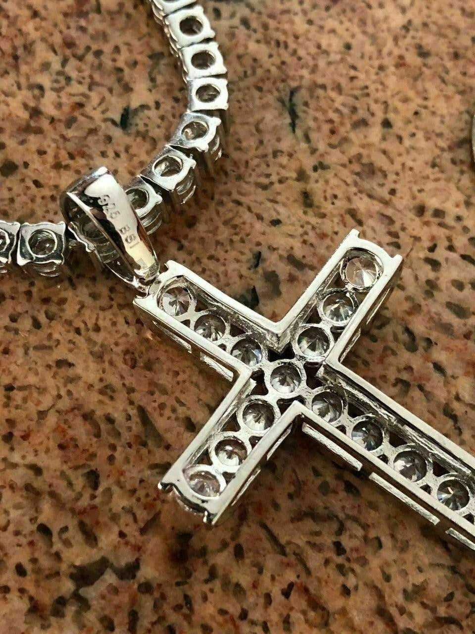 Real Solid 925 Silver Icy Channel Set Tennis Cross CZ W. Chain Men's ICED