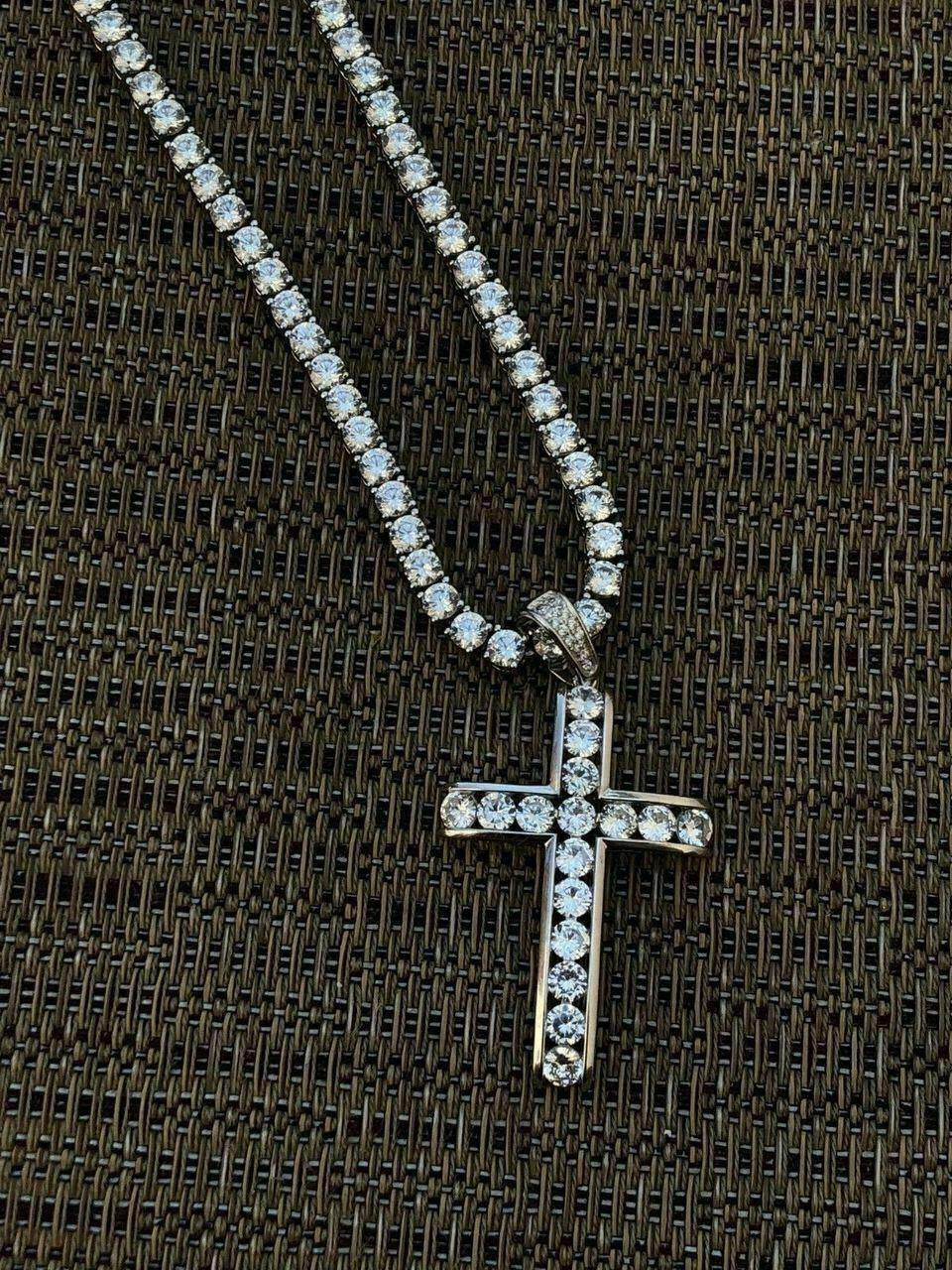Real Solid 925 Silver Icy Channel Set Tennis Cross CZ W. Chain Men's ICED