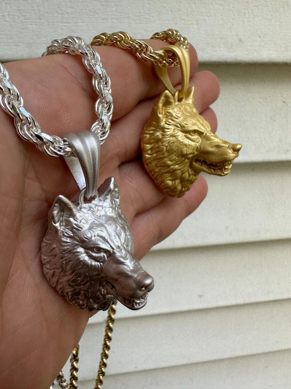 Wolf Head High Detailed Pendant - Sandblasted Matte Finish 14k Gold Vermeil Or 925 Silver - Medium 2"
